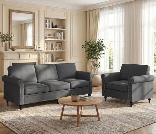 BALUS Couches Sofa Set for Living Room, Couch Sofa with Wooden Sofa Legs, Linen Living Room Furniture with Nailhead Trim, 6" Cushion, Sectional