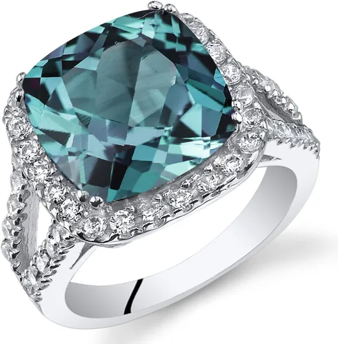 Peora Anillo de firma de Alejandrita Simulada para mujer, plata de ley 925, tamaño grande que cambia de color de 7.75 quilates de corte cojín de