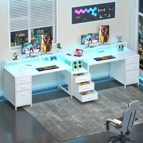Miniatura 10 de YOMILUVE Escritorio para Computadora de 98.4" de Largo con 9 Cajones, Escritorio de Juegos para 2 Personas con Luces LED y Toma de Corriente