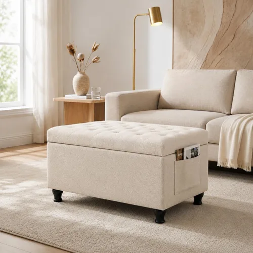 Miniatura 13 de Otomana rectangular de 24 pulgadas, color beige con almacenamiento para sala de estar Upholstered Fabric Shoe Bench and Footrest with Safety Hinge