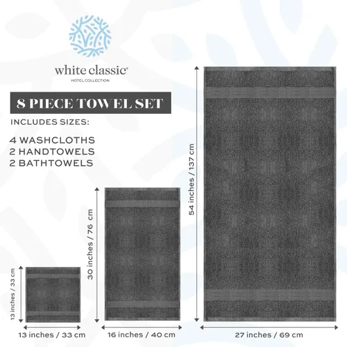 Miniatura 4 de White Classic Juego de toallas de 8 piezas color gris oscuro [2 toallas de baño, 2 toallas de mano, 4 toallas faciales] y 2 toallas de baño gris