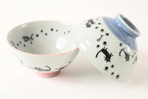 Miniatura 3 de Mino ware - Par de cuencos de arroz japoneses (2 unidades), fabricado en Japón (importación de Japón) MIG005 (gato negro)