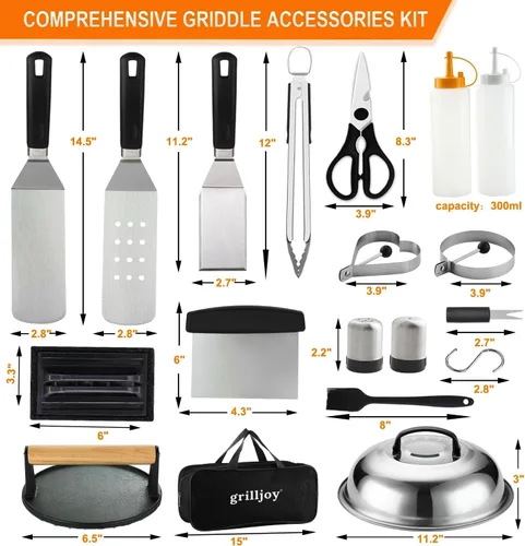 Miniatura 2 de grilljoy Juego de accesorios profesionales para plancha con prensa de hamburguesas Smash – Espátula de parrilla extra gruesa, Volteador, Paleta