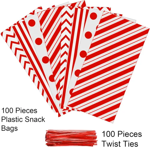 Miniatura 3 de Aneco Paquete de 100 bolsas de celofán rojo de 10.6 x 5.1 pulgadas, bolsas de plástico para dulces, bolsas de regalo, bolsas de regalo con lazos