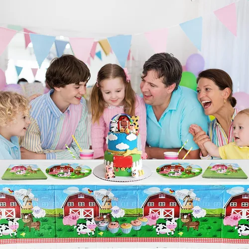 Miniatura 3 de Juego de vajilla de fiesta de animales de granja, 20 platos y 20 servilletas y mantel de 71 x 42 pulgadas, suministros de decoración para fiestas