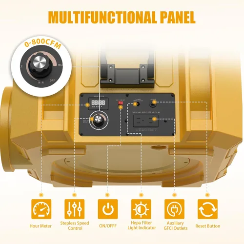 Miniatura 4 de Depurador de aire Hepa 800CFM con filtración de 4 etapas, máquina de aire negativo apilable, purificador de aire comercial con filtros Amarillo-1