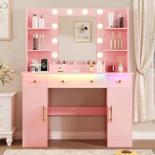 HUANLEGO Escritorio de tocador con espejo y luces, tocador de maquillaje con espejo y luces LED y toma de corriente, 3 cajones y armarios, 3 modos