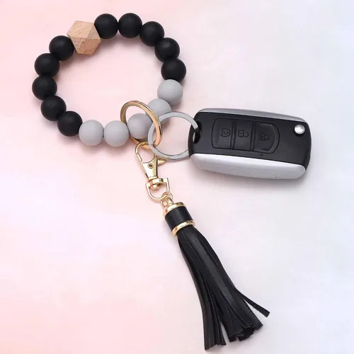 Miniatura 3 de BAOSIWA Pulsera de cuentas de silicona con llavero de pulsera para mujer con borla de cuero