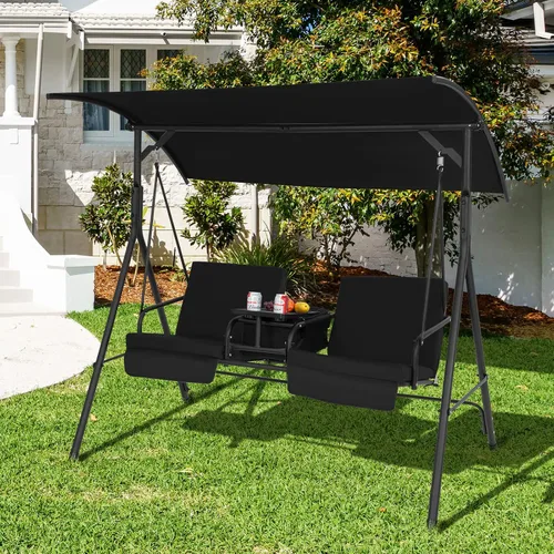 Miniatura 8 de Tangkula Columpio de porche para 2 personas, columpio al aire libre con mesa de almacenamiento pivotante, bolsa refrigerante, 2 soportes para tazas
