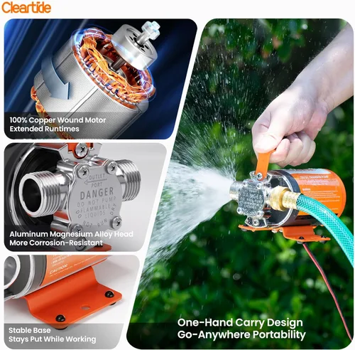 Miniatura 6 de Cleartide Bomba de transferencia de agua de 12 V CC, 1/10 HP 330 GPH Bomba de agua eléctrica con kit de manguera de succión de 6 pies, bomba de agua