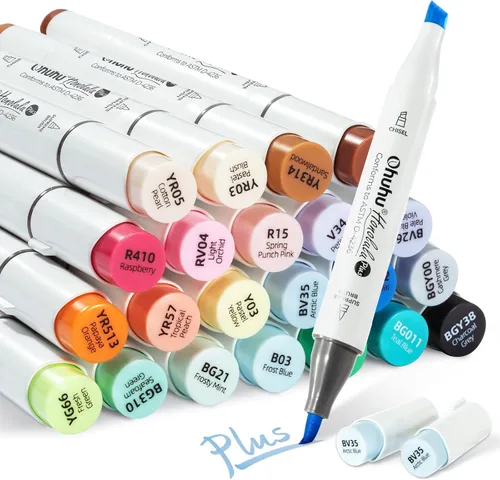Ohuhu Marcadores de Pincel Honolulu Plus: Juego de 24 colores de marcadores de arte con punta doble de brocha y cincel a base de alcohol para libro