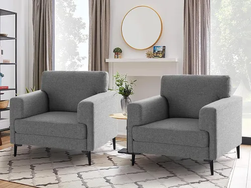 Miniatura 12 de CDCASA - Sillón Accent, juego de sillas modernas de mediados de siglo de tela de lino extragrande, cómodo sillón tapizado para lectura, juego