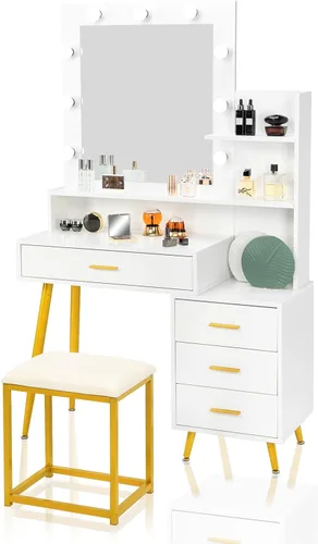 Miniatura 8 de VINGLI Juego de tocador con espejo iluminado, juego de mesa de tocador de maquillaje con 9 bombillas LED, estante de almacenamiento, cajones y Blanco