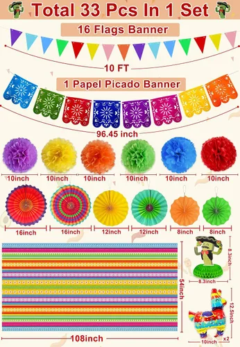 Miniatura 2 de 7 variedades – 33 piezas de decoraciones de fiesta del Cinco de Mayo, suministros de fiesta mexicana, abanicos de papel, pompones, cubierta de mesa