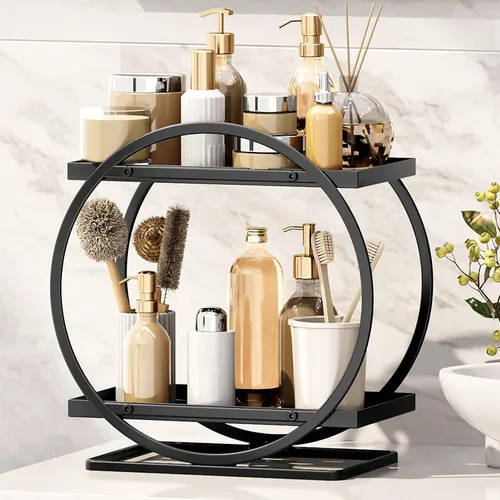 Miniatura 10 de Organizador de Maquillaje para Tocador, Organizador de Perfumes Negro Dorado para Cómoda, Organizadores de Encimera de Baño de 2 Niveles, Estante