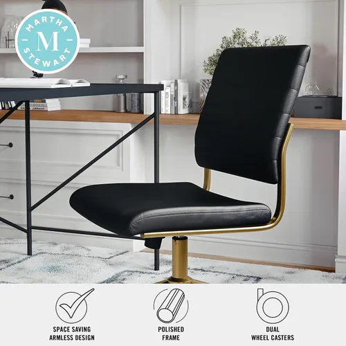 Miniatura 5 de Martha Stewart Ivy - Silla giratoria sin brazos para oficina en casa en piel sintética negra con marco de latón pulido