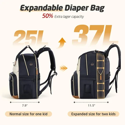 Miniatura 2 de Mochila de Pañales - Mochila de Pañales Extra Grande para 2 Niños Gemelos, Bolsos de Viaje para Bebés para Mamá Papá 25-37L Expandible con Negro