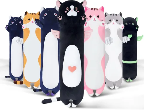 Almohada larga de gato para niños, lindos regalos de animales de peluche para niñas, juguete de gato de felpa larga para cumpleaños, almohada suave