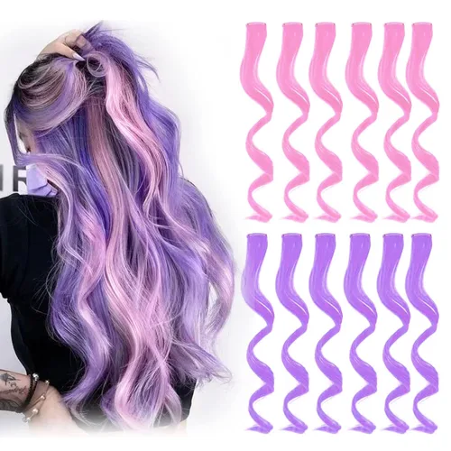 Miniatura 9 de Extensiones de cabello con clip de colores, 12 piezas para mujeres, niños y niñas, 16 pulgadas, ondulado, rizado, azul y verde azulado colorido