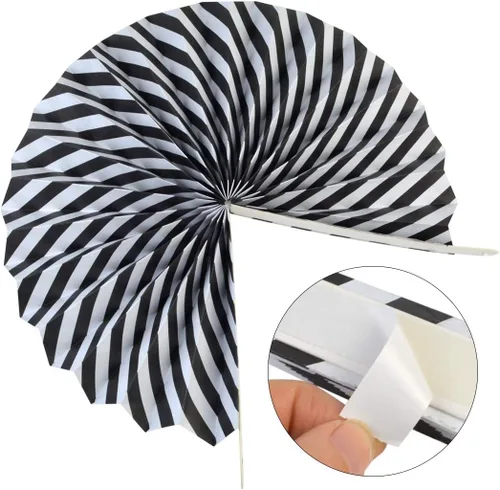 Miniatura 4 de Juego de 18 abanicos de papel para colgar en fiestas, color blanco y negro, con patrón decorativo, plegable, para Halloween, cumpleaños, boda