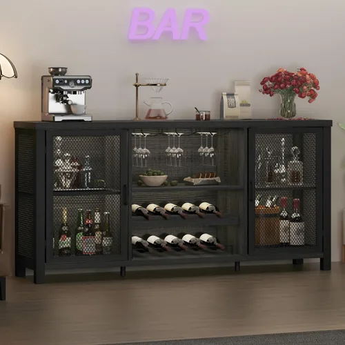 Miniatura 4 de Launica - Gabinete de barra de licores industrial, gabinete de vino rústico, gabinete de aparador buffet para licores y vasos, gabinete de barra