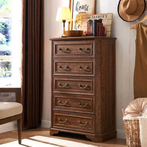 T4TREAM Cómoda de granja de 5 cajones para dormitorio, cómoda de madera rústica de 48" de altura con textura natural, diseño vintage, organizador de
