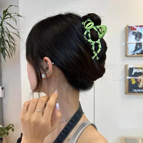 Miniatura 3 de Paquete de 2 pinzas de metal grandes para cabello grueso y fino, pasadores antideslizantes de sujeción fuerte, bonito diseño de rana verde