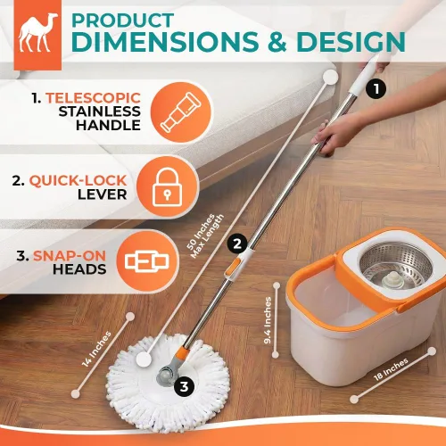 Miniatura 4 de Grazie Juego de trapeador giratorio y cubeta – Sistema de autoescurriente de 360°, mango de acero inoxidable – Limpieza de suelos manos libres