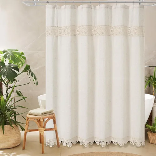 Miniatura 7 de Gibelle Juego de Cortina de Ducha Boho Farmhouse, Cortina de Ducha de Tela de Algodón y Lino con Decoración de Encaje Macramé, Cortina de Baño Beige