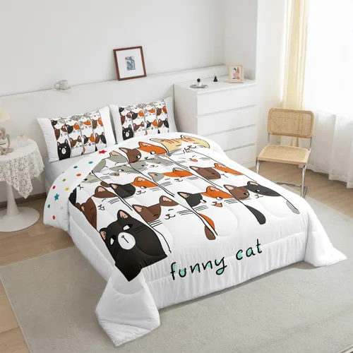 Miniatura 24 de Erosebridal Juego de ropa de cama para niños, tamaño individual, diseño de gatos de dibujos animados, para niñas, niños y adolescentes, edredón