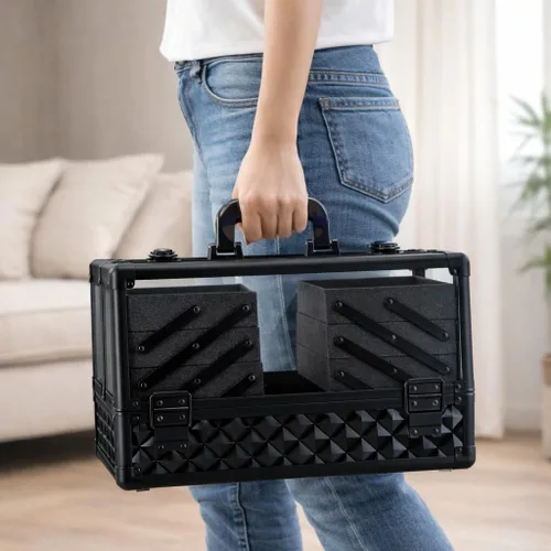 Miniatura 5 de Ver Beauty Estuche de tren de maquillaje de diamante negro con 6 bandejas de acordeón, organizador de cosméticos con cerradura
