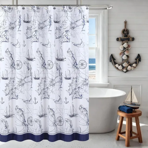 Cortina de ducha náutica azul aviación, cortina de ducha de tela, cortinas de ducha azul marino para baño, cortinas de baño impresas, cortinas de