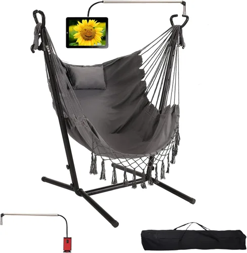 Miniatura 10 de Hamaca con soporte incluido con soporte para teléfono, silla doble colgante, macramé, estilo boho, hecha a mano, columpio ajustable para interiores