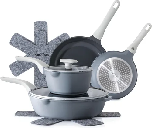 Miniatura 12 de PRICUSIS Juego de ollas y sartenes de cerámica antiadherentes, juego de 21 utensilios de cocina de inducción no tóxicos, 100% aptos para Gris