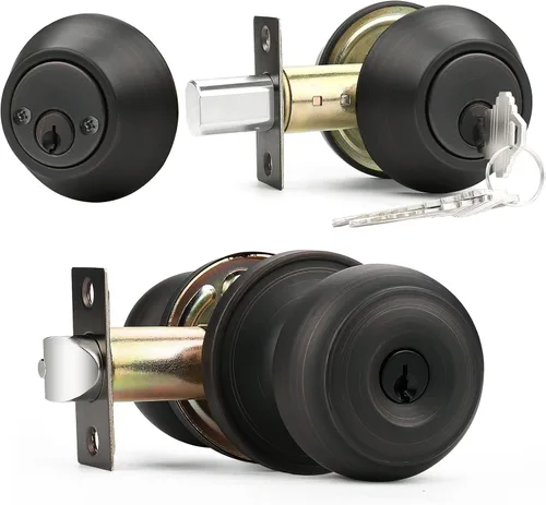 Miniatura 20 de Probrico Juego de cerradura de perilla de puerta de entrada y cerrojo de doble cilindro, negro plano (paquete de 3) con llave igual