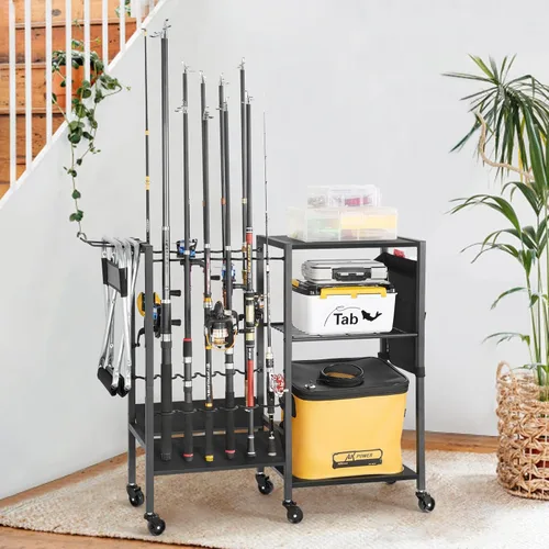 Miniatura 6 de Olakee Soportes para caña de pescar para garaje, soporte para caña de pescar, carrito rodante con organizador de almacenamiento de aparejos