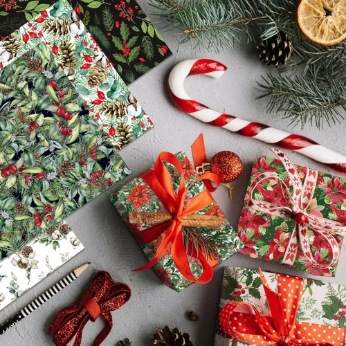 Miniatura 5 de Papel de recortes de Navidad de Poinsettia, 24 hojas de 6 pulgadas, de una sola cara, sin ácidos, papel de patrón floral de Navidad plegado plano