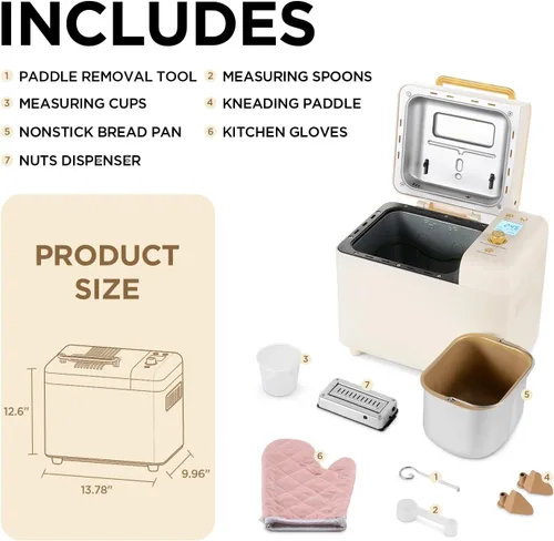 Miniatura 6 de Neretva Máquina para hacer pan, máquina para hacer pan 15 en 1 de 2.2 libras, máquina para hacer pan con doble calentador con dispensador automático