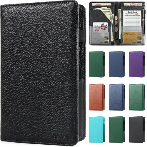 Miniatura 25 de Libreta de mesera para camarera, organizador de cuero con bolsillo con cremallera, folleto para personal de restaurante, soporte para cheques de Café
