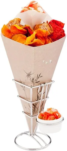 Miniatura 7 de Restaurantware Soporte para papas fritas de 4 x 5 pulgadas, 1 soporte para freír – con 2 soportes para salsas, soporte de cono de acero inoxidable