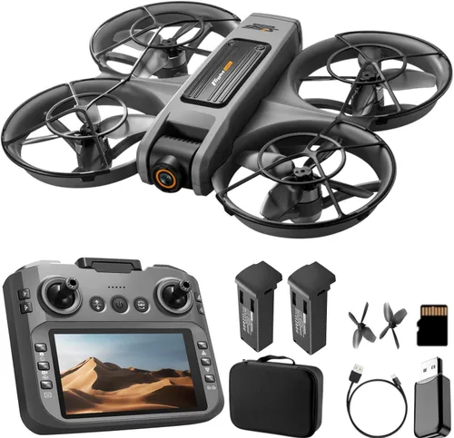 Drone RC con pantalla en el controlador (12.5cm), cámara dual UHD, motor sin escobillas, posicionamiento por flujo óptico, protección de hélice