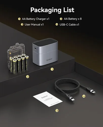 Miniatura 7 de ORICO Baterías de litio AA recargables con cargador (8 unidades, 1.5 V), recarga hasta 1500 ciclos, cargador rápido de 2.5 horas, baterías de iones