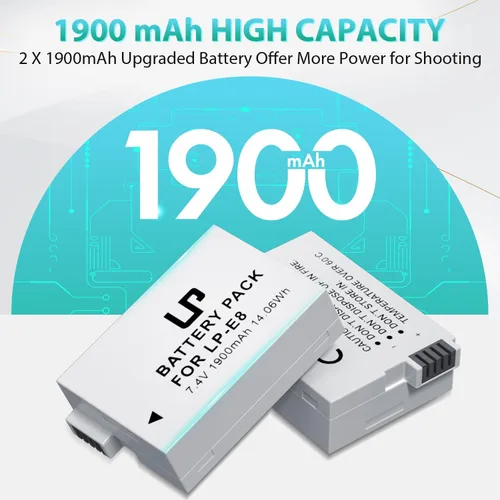 Miniatura 3 de LP Batería de repuesto E8, paquete de 2 baterías E8 de 1900 mAh para cámara digital Canon EOS Rebel T2i, T3i, T4i, T5i, EOS 550D, EOS 600D, EOS
