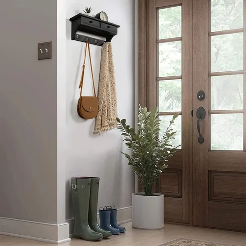 Miniatura 3 de Emfogo - Ganchos de pared de madera con estilo rústico, montados en la pared, con 4 ganchos y estante para entrada, cuarto de servicio, dormitorio