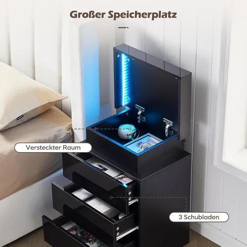 Miniatura 5 de TUKAILAi Mesita de noche con luz LED, moderna mesita de noche negra con tapa abatible, mesita de noche pequeña con 3 cajones de madera, mesa