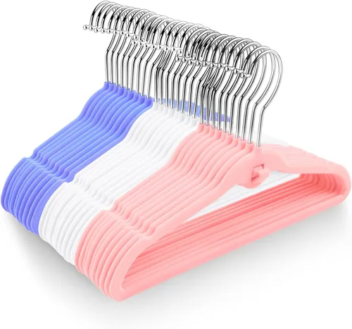 Paquete de 30 perchas de terciopelo para niños, antideslizantes que ahorran espacio con mini ganchos en cascada, multicolor (rosa, lavanda, blanco)