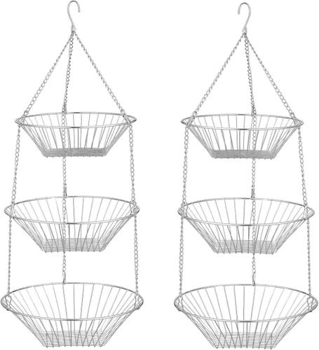 Miniatura 11 de JUNCHU CHERRY Cesta colgante de frutas de 3 niveles, 2 paquetes, almacenamiento para colgar en la pared, cesta de organización de cocina y baño
