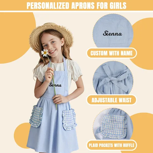 Miniatura 3 de MT WORLD Girls Apron Personalized Linen Kids Aprons for Cooking Toddler Girls Cross Back Apron Pinafore for Baking Crafting