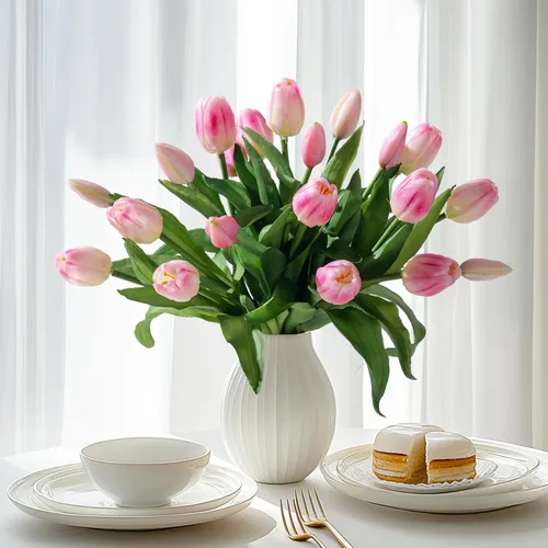 Miniatura 12 de Bailikang 20 piezas de tulipanes artificiales, flores de seda de tulipanes falsos, ramo artificial de PU, flores artificiales de imitación con caja