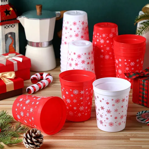 Miniatura 2 de Sliner 48 vasos de Navidad con copos de nieve para niños, reutilizables, de plástico de 16 onzas, vasos de plástico para estadios, vasos de agua